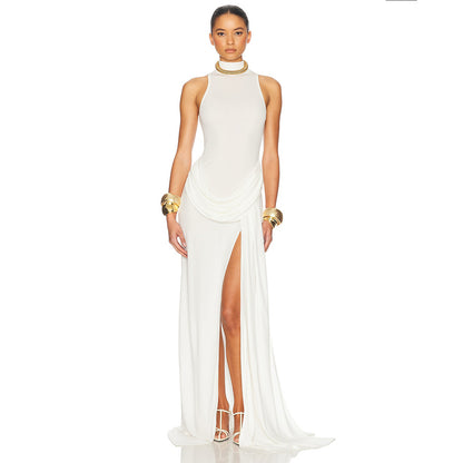 white high slit sleeveless pleated dress