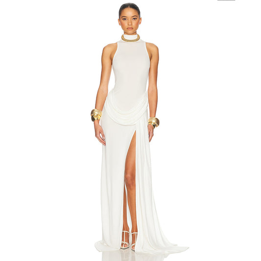 white high slit sleeveless pleated dress