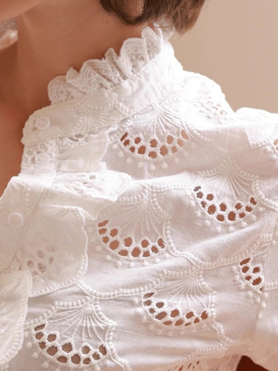 White Embroidered Hollow Ruffle Stand Collar Single-Breasted  Shirt