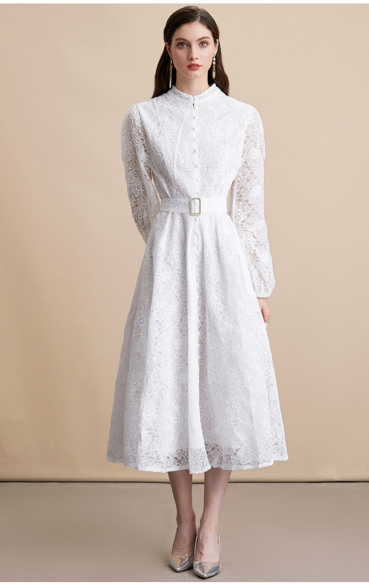 Lace embroidered stand-up collar single-breasted full skirt dress