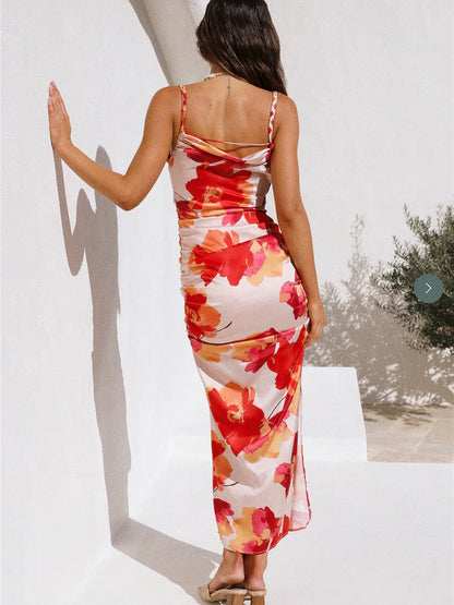 satin floral wavy collar woven spaghetti strap slit dress