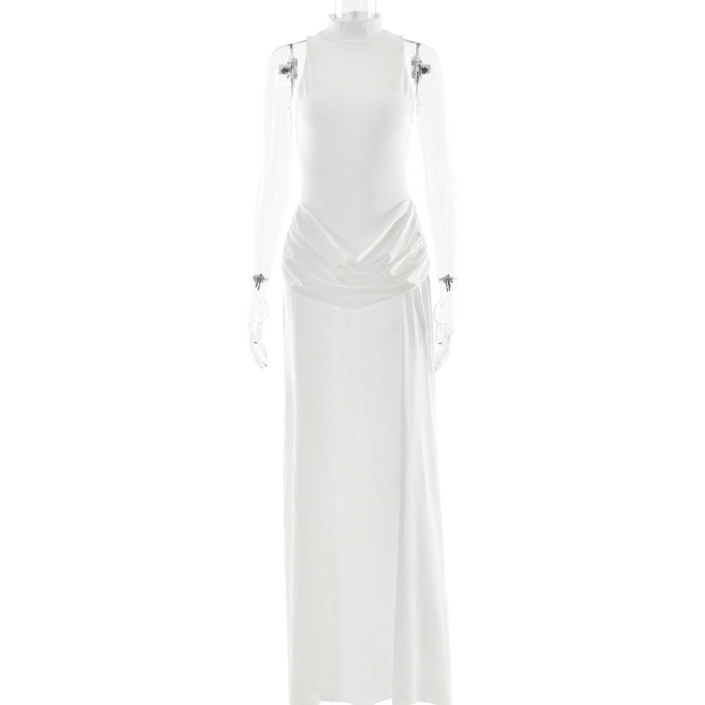 white high slit sleeveless pleated dress
