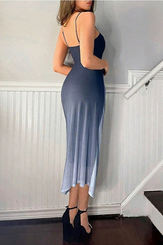 black Mesh Suspender Backless Dress