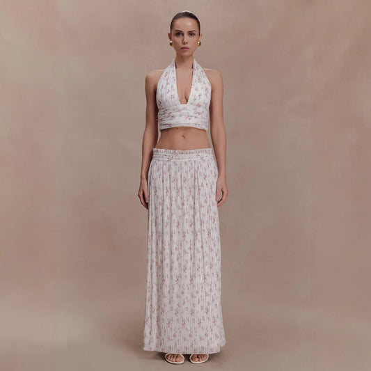 purple printed pleated deep V halterneck top skirt two-piece set