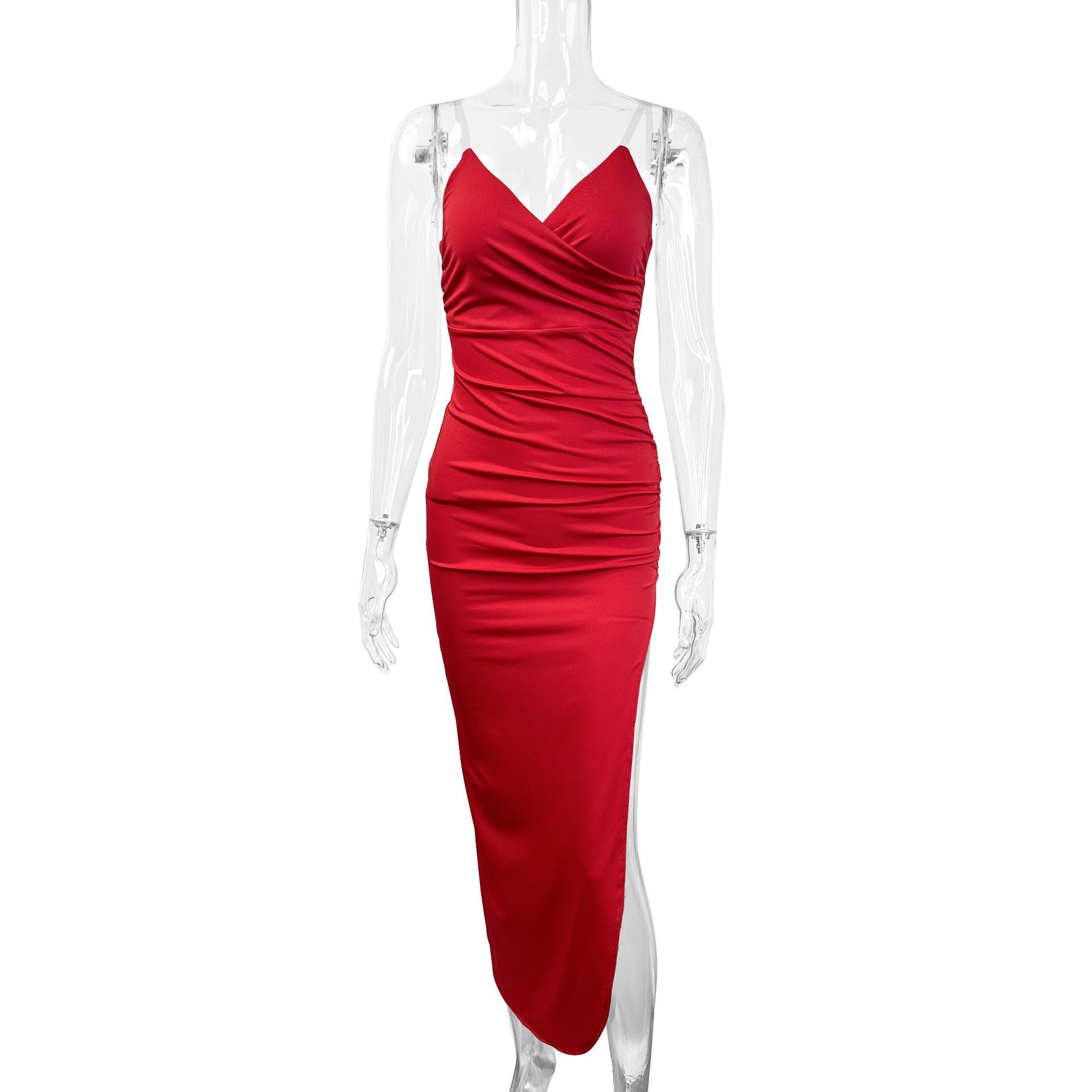 red V-neck backless slit halter dress