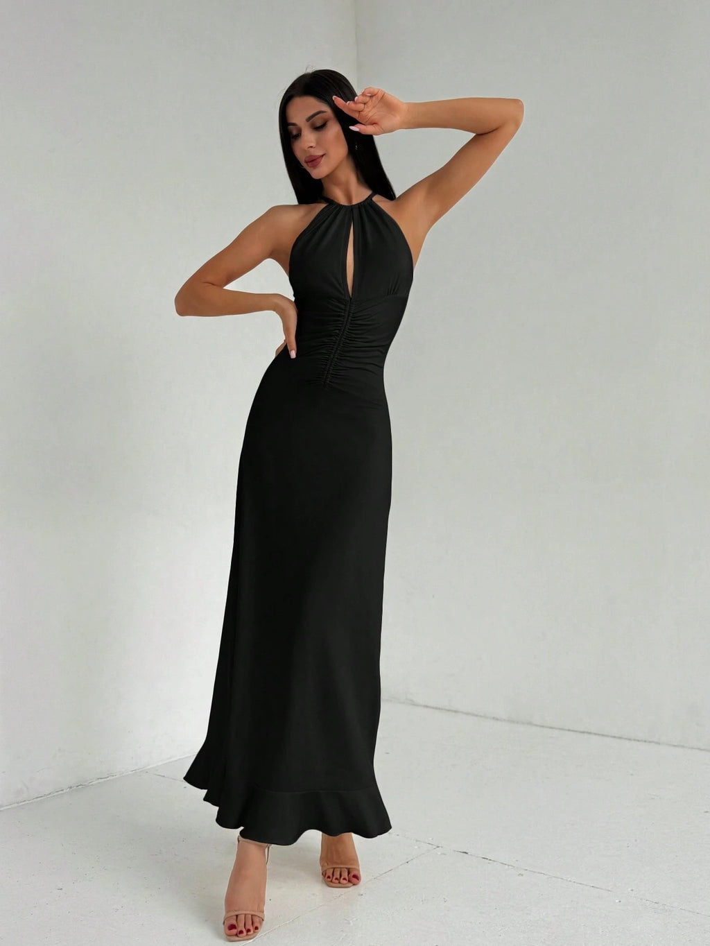 V-neck sleeveless halter maxi dress in black