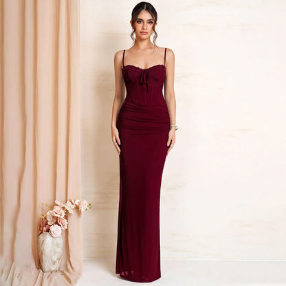 red wine suspender mesh lace patchwork lace-up pleated dress