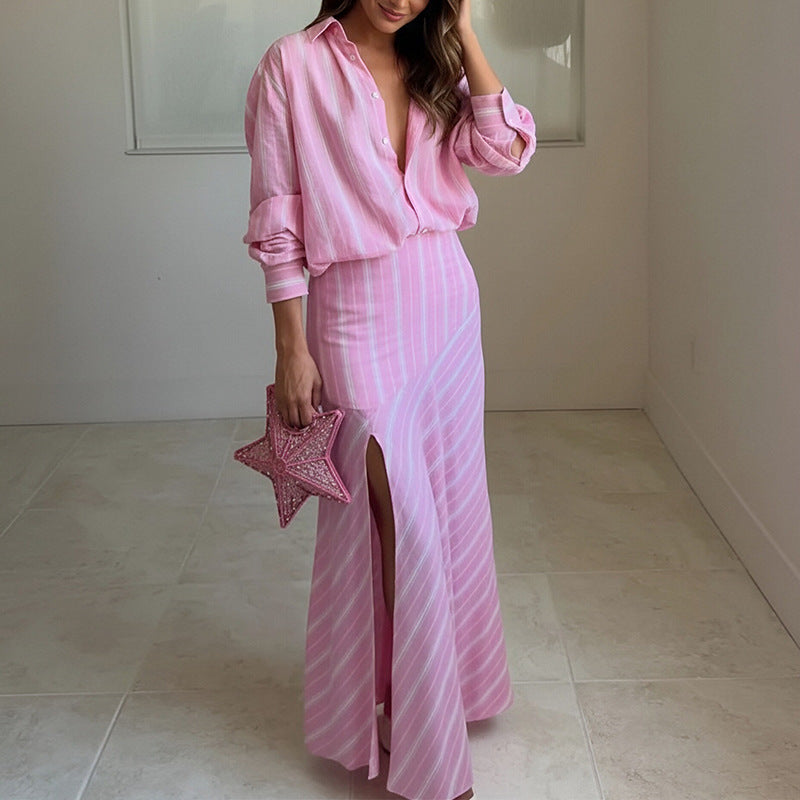 pink Striped Lapel Slit Long Skirt Set