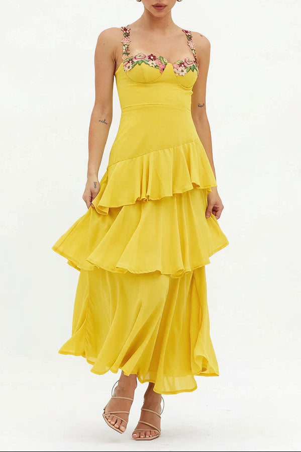 yellow Cascading Ruffle Floral Decorative Dress