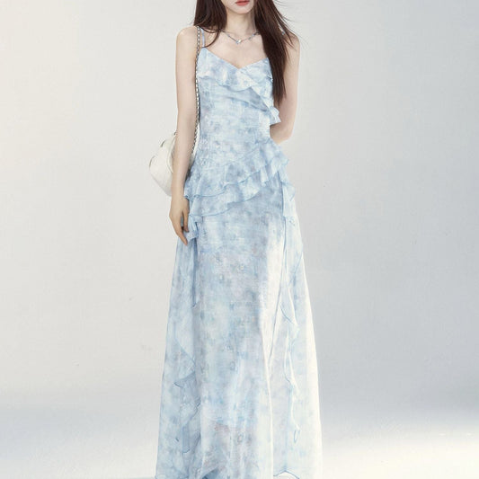 floral print ruffle trim slip maxi dress - blue