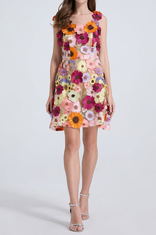 georgia 3d Floral Lace mini Dress in apricot