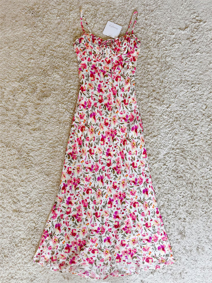 Front Tie Floral Spaghetti Strap Midi Slip Dress