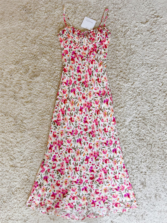 Front Tie Floral Spaghetti Strap Midi Slip Dress