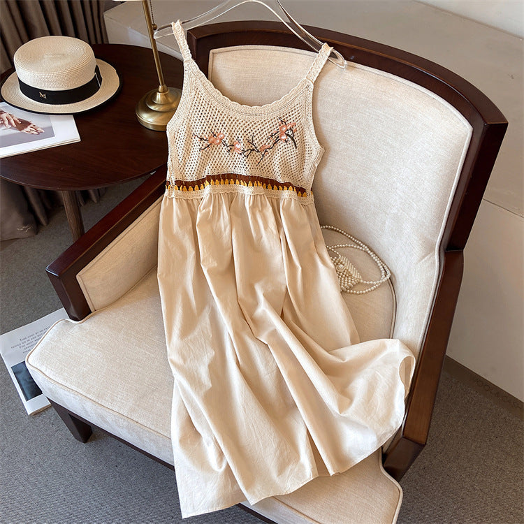 Hollow-out embroidered camisole midi dress