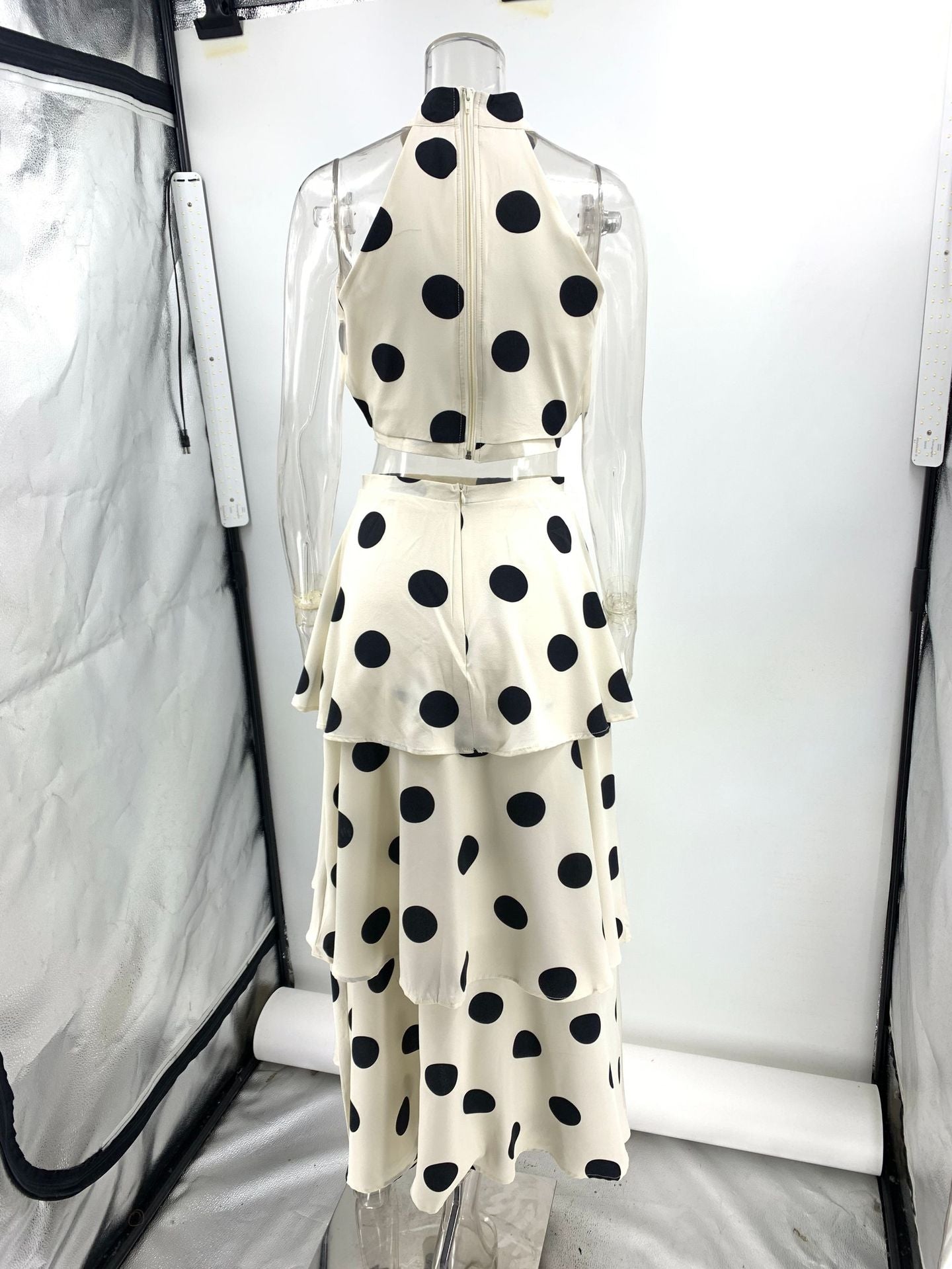 polka dot print halterneck sleeveless top skirt set