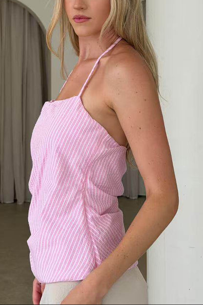 pink striped pleated halterneck top