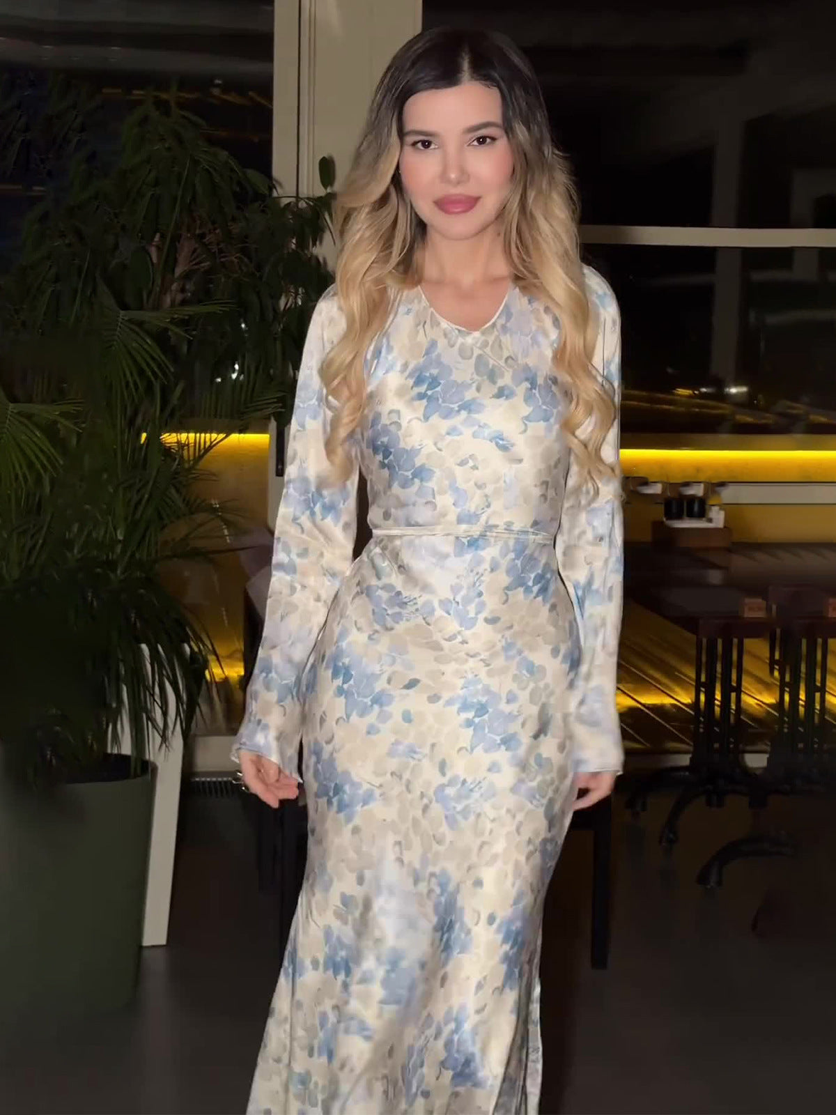 blue Satin floral Print maxi Dress