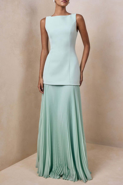 green pleated sleeveless swing dress