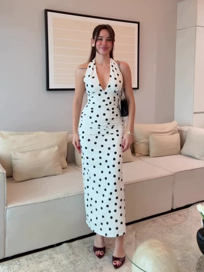 white Polka Dot Halter-Neck Sleeveless Waist-Cinching  Dress