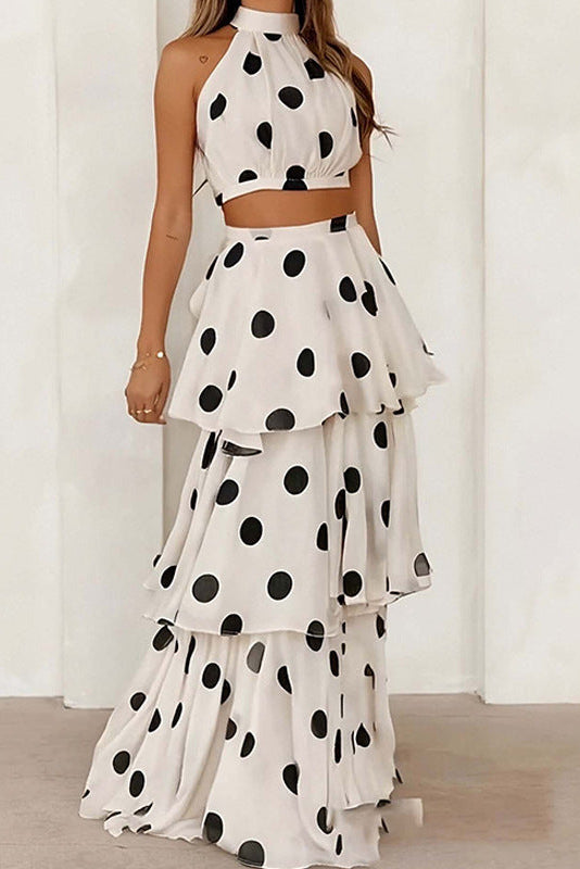 polka dot halterneck sleeveless top skirt set