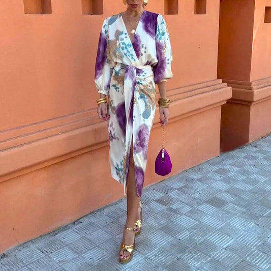 purple print V-neck puff sleeve waist skirt set