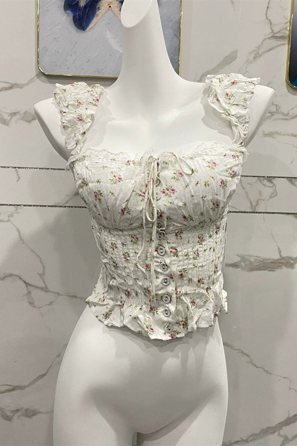 white suspender floral top