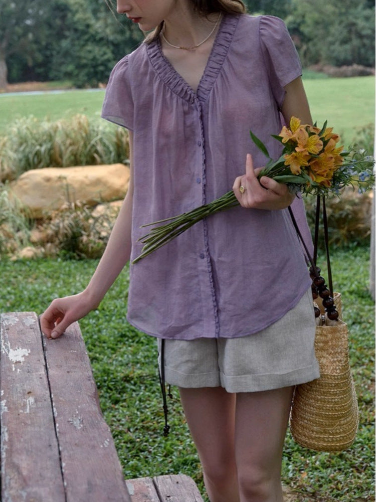 purple short-sleeve V-neck shirt