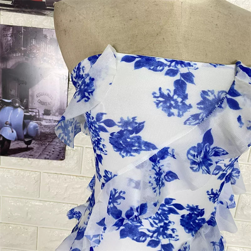 blue bandeau ruffled  wrap mini dress