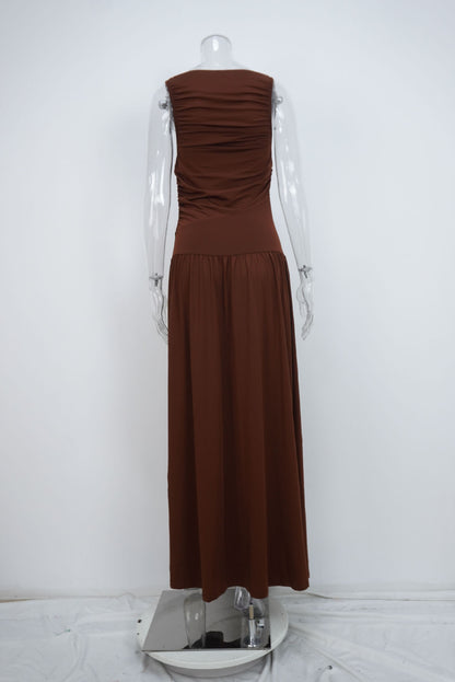 brown Pleated sleeveless maxi dress