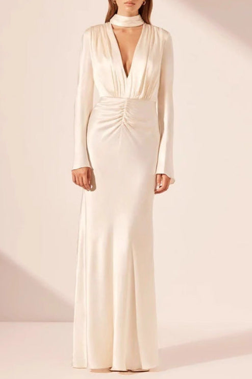 Ruched Deep V-Neck Long-Sleeve Satin Dress