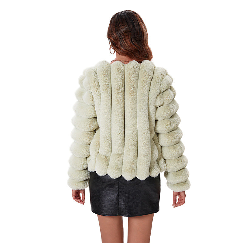 rabbit fur crew neck cropped coat