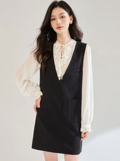 White ruffled tie-waist V-neck puff sleeve shirt