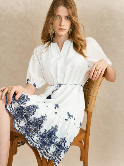 White floral embroidered ribbon crochet mini dress