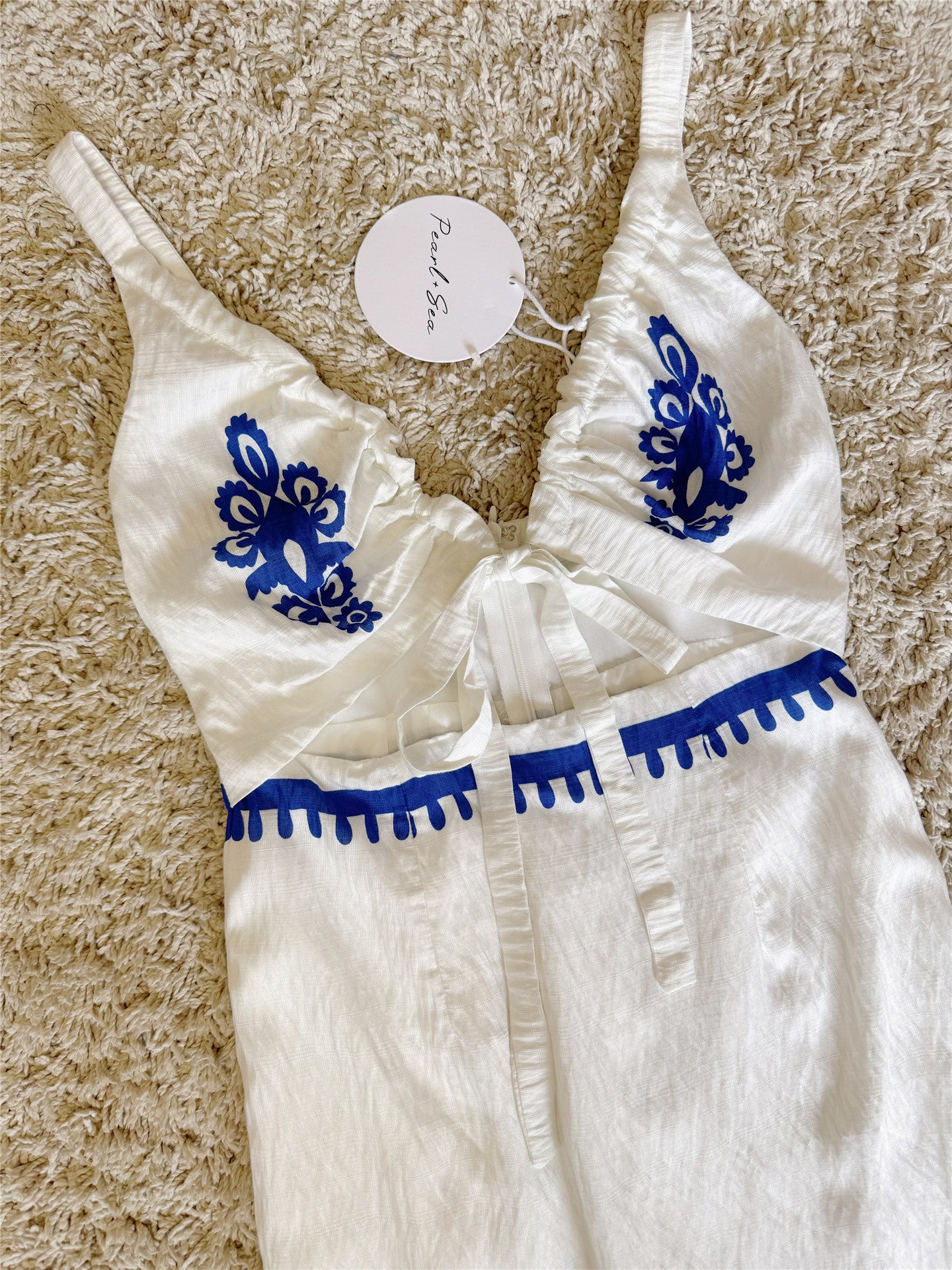 blue-and-white porcelain printed V-neck lace-up side slit dress