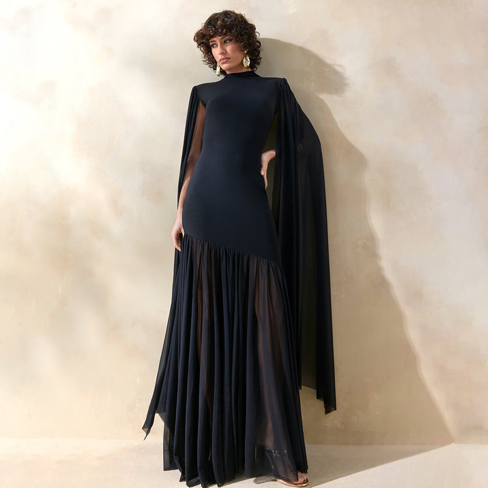 black mesh streamer maxi dress