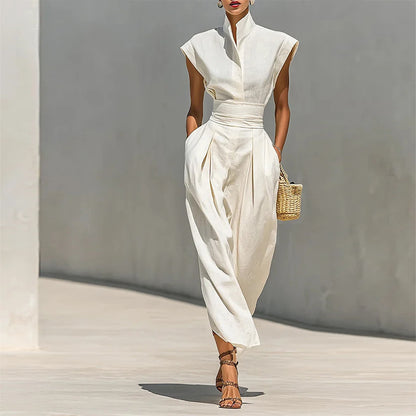 white sleeveless waist maxi dress