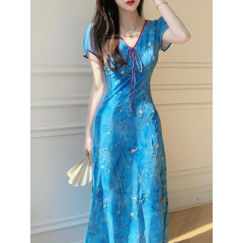 lesley v-neck floral Printed Embroidery maxi dress  - blue