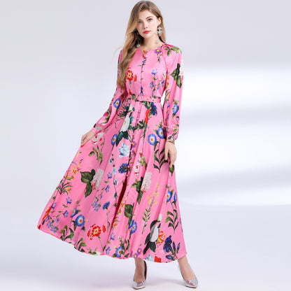 Retro Print Long-Sleeved Single-Breasted Lantern Sleeve maxi Dress