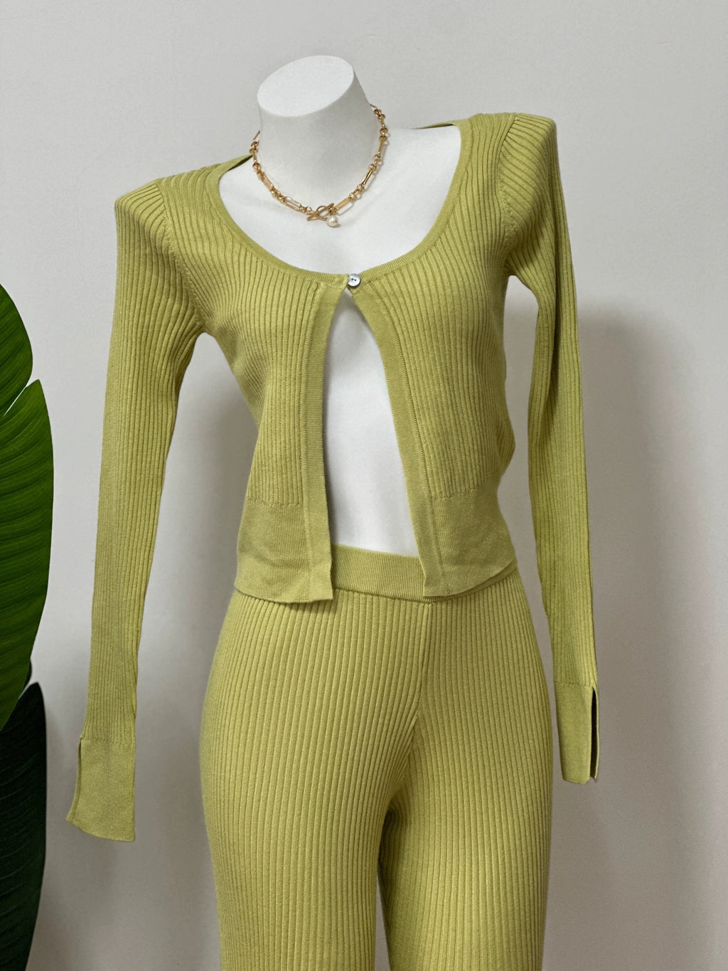 green Strip Knitted Cardigan Flared Pants Two-Piece Set