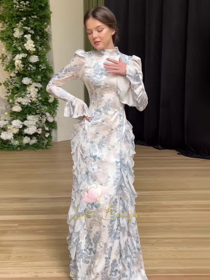 blue print satin long sleeve maxi dress