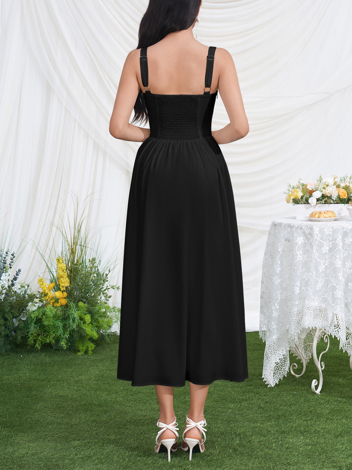 black print high slit open back midi dress