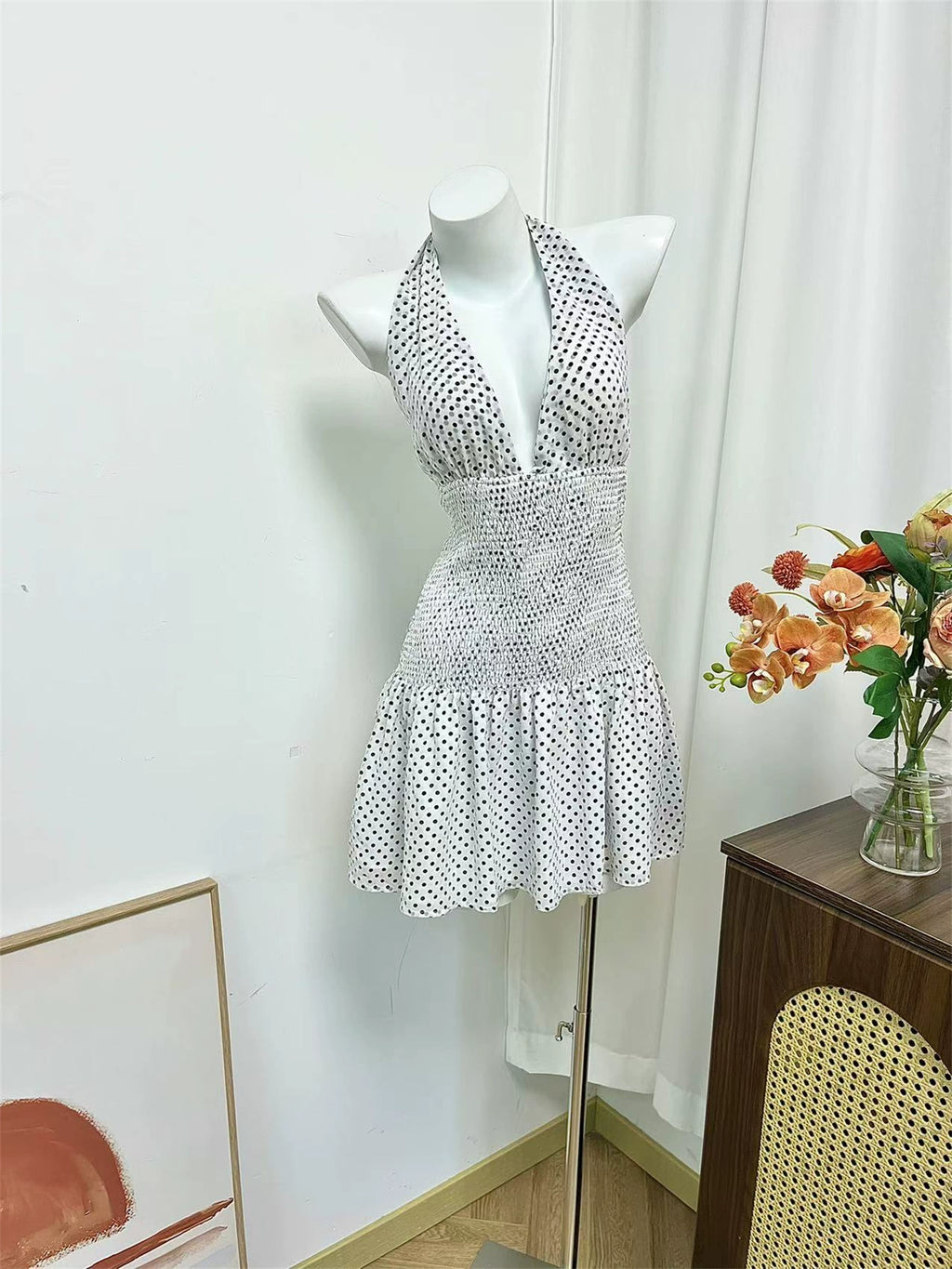 black polka dot halterneck open waist slap dress