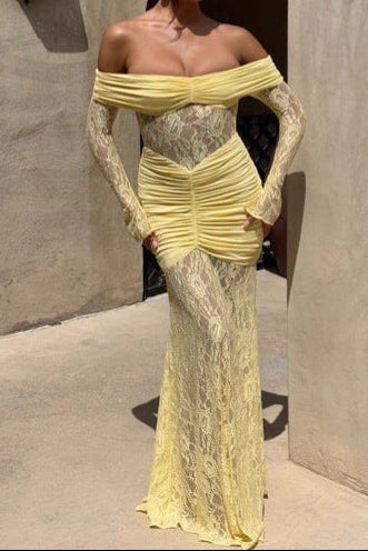 Lace-trimmed flared sleeve fishtail maxi skirt