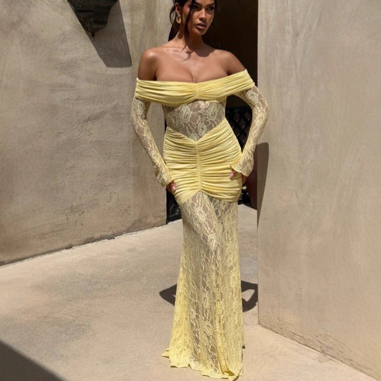 damla yellow Lace-trimmed flared sleeve fishtail dress