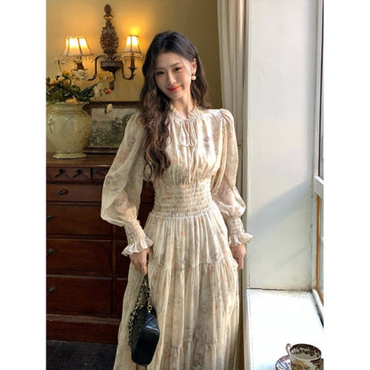 French floral print chiffon maxi dress