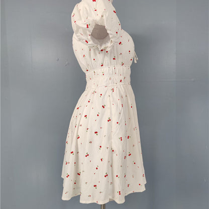 white cherry print short sleeve mini dress