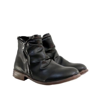 Double side zip pleated leather ankle boots