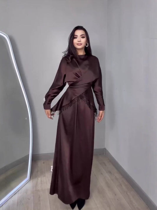 brown long-sleeved maxi dress