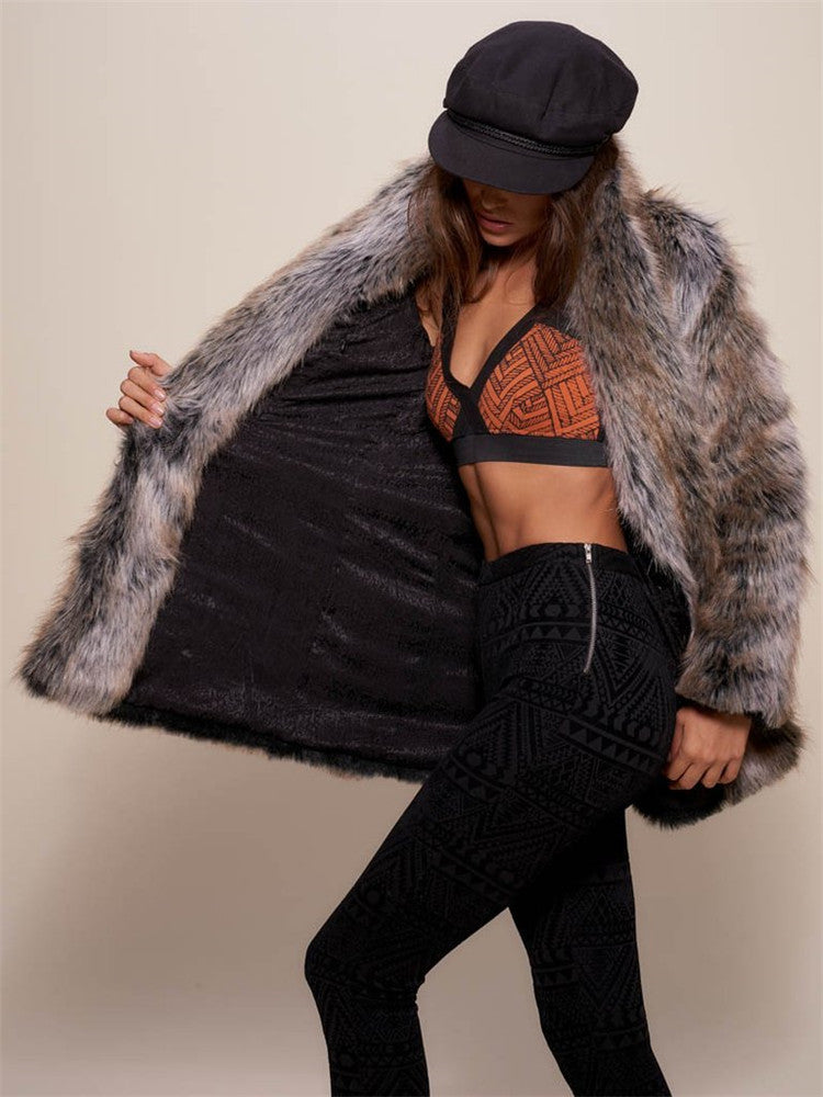 Warm Faux Fur Coat in Brown strips