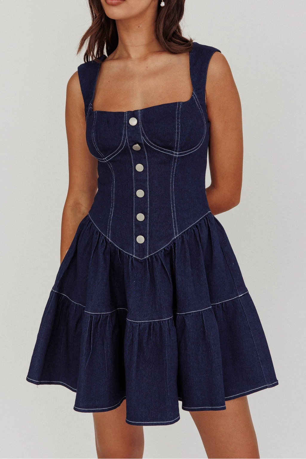 square neck corset buttoned denim waist mini dress